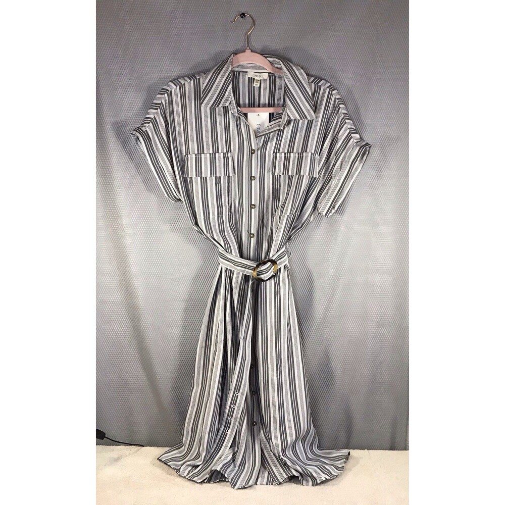 Como Blu Grey/White Striped Cap Sleeve Button Front Dress Size M